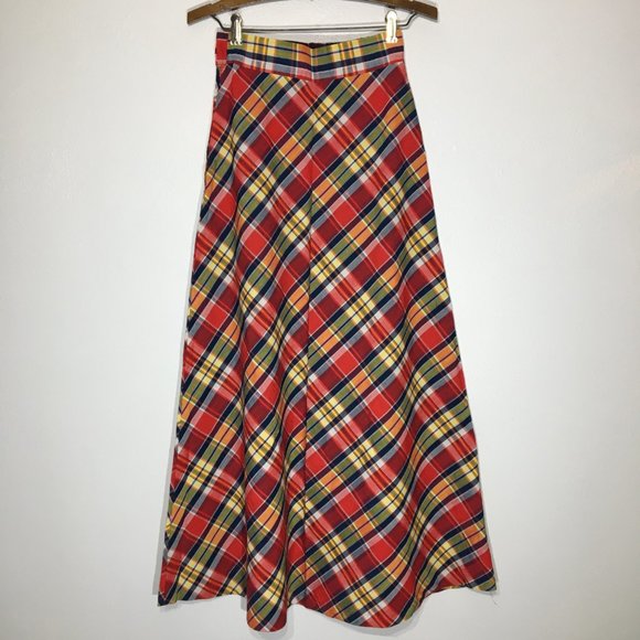 Vintage 60s 70s Plaid Maxi Skirt, Red Blue Plaid A Line Skirt, Hippie Academia - Picture 11 of 14